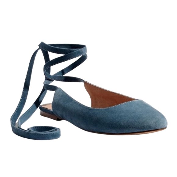 Madewell Shoes - Madewell Blue Suede Ankle Wrap Flats in Waterfall